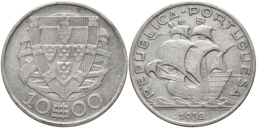ПОРТУГАЛИЯ 10 ЭСКУДО 1932 ПАРУСНИК КМ 582 серебро 1519-735