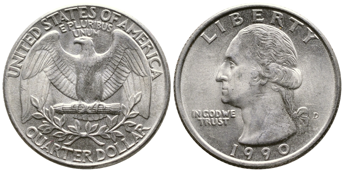США 25 центов = квотер 1990 D, Вашингтон KM А164а медь плакированная медно-никелем 259-1222