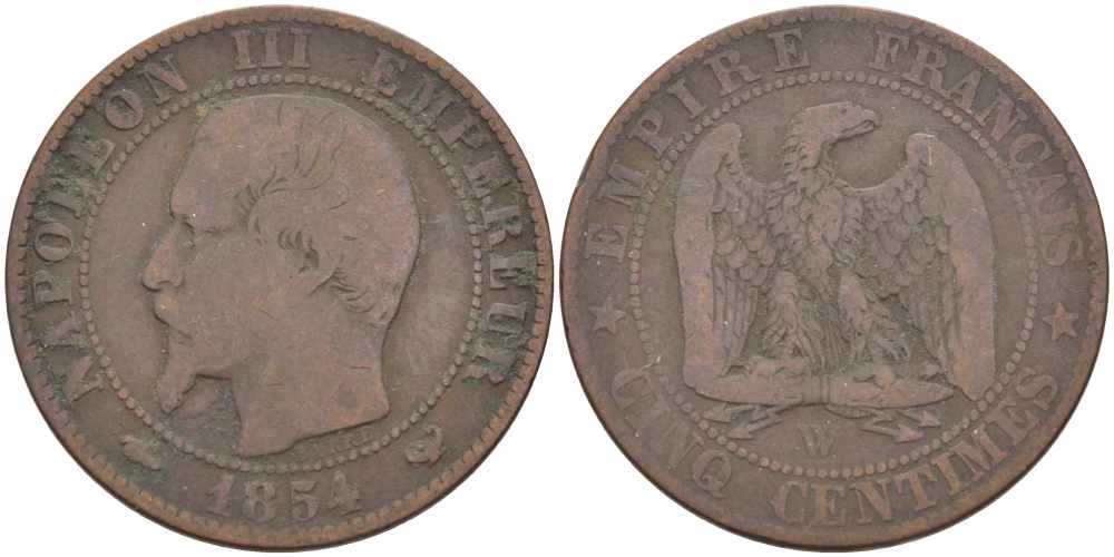 ФРАНЦИЯ 5 САНТИМОВ 1854 W, НАПОЛЕОН III (1852-1870) KM 777.7, LE FRANC 116.15 бронза 108-254