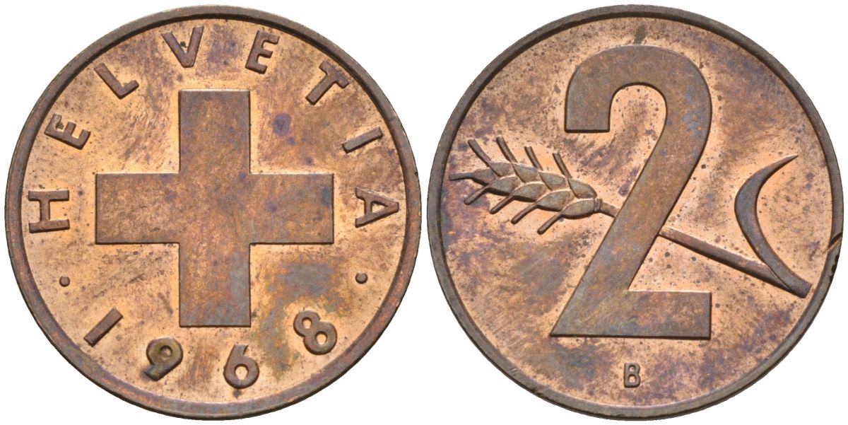 Швейцария 2 раппена 1968 В KM 47 бронза UNC 4577-514