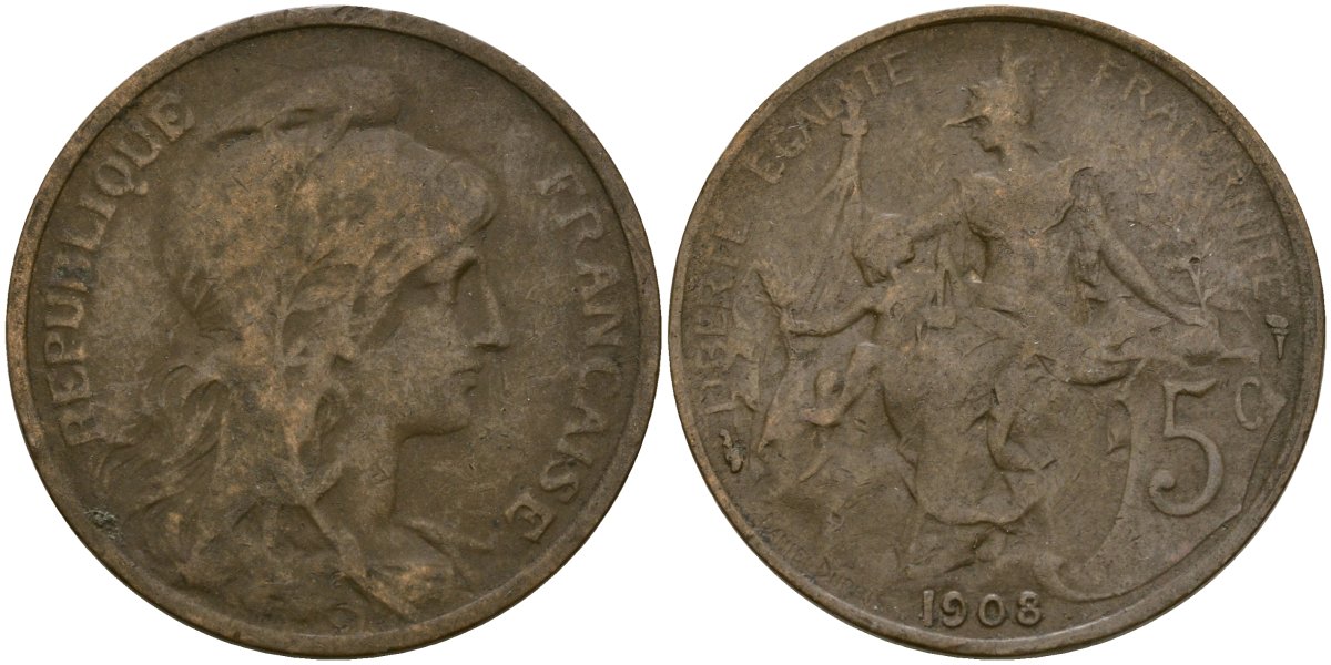 Франция 5 сантимов 1908 KM 842, Le Franc 119.5 бронза 51-1245