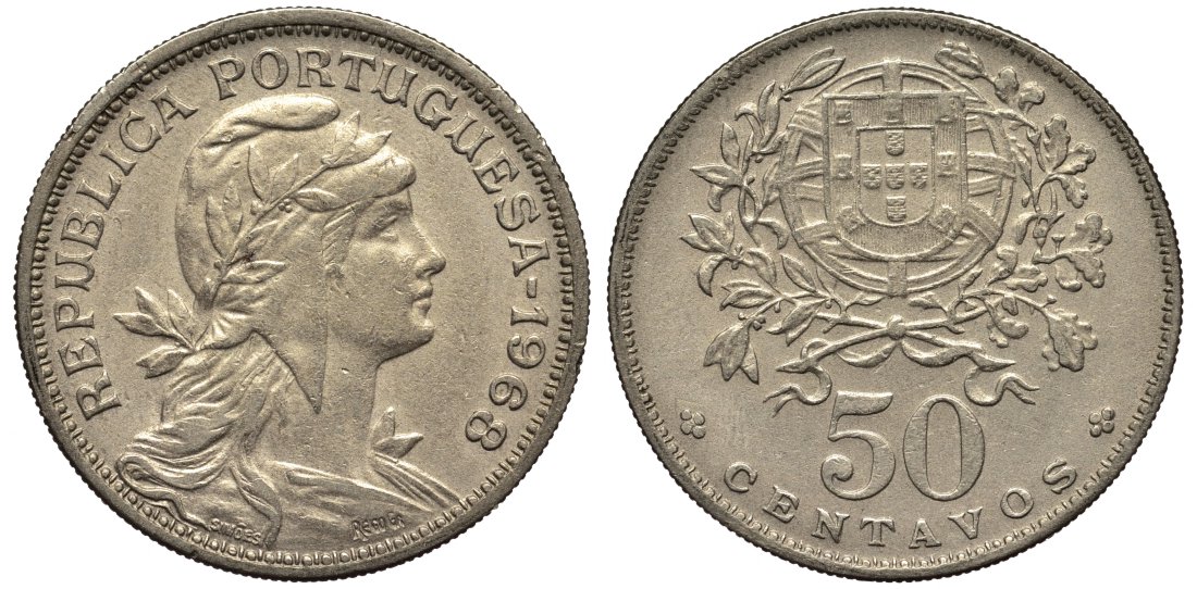 Португалия 50 сентаво 1968 KM 577 медно-никель 4556-955