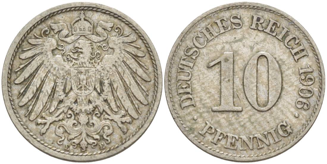 ГЕРМАНИЯ 10 ПФЕННИГОВ 1906 E KM 12, Jager 13, Weege 8 медно-никель 219-124