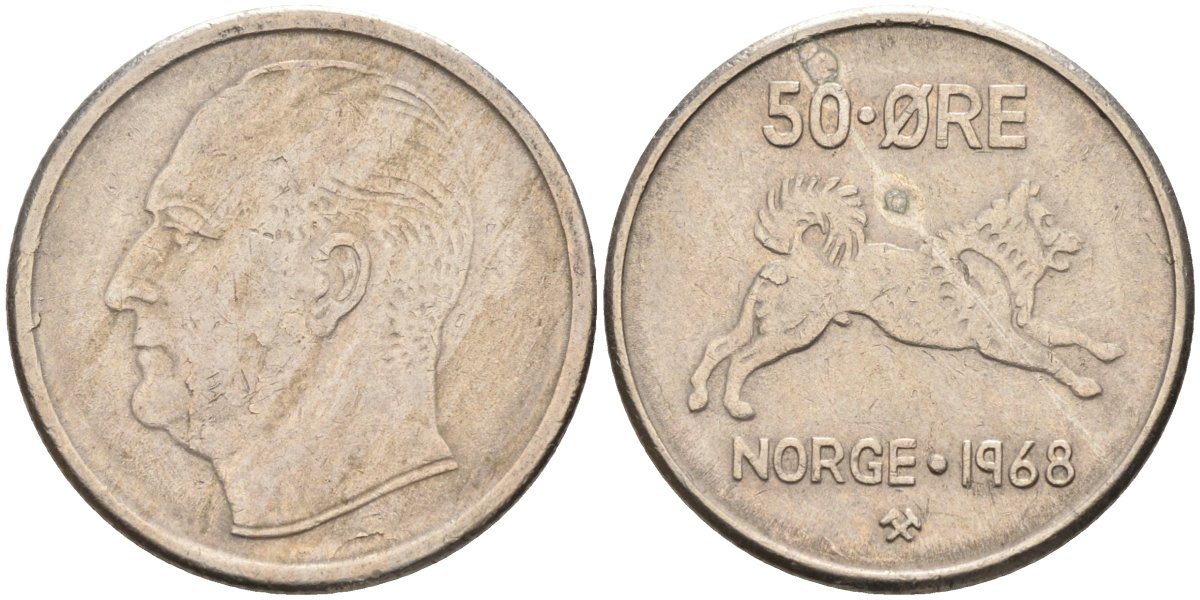 Норвегия 50 эре 1968 Улаф V (1957-1991), собака KM 408 медно-никель 4582-716