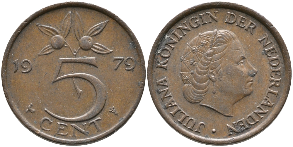 Нидерланды 5 центов 1979 Юлиана (1948-1980) KM 181 бронза 65-1234