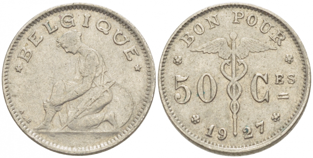 БЕЛЬГИЯ 50 САНТИМОВ 1927 BELGIQUE KM 87 никель 261-1612