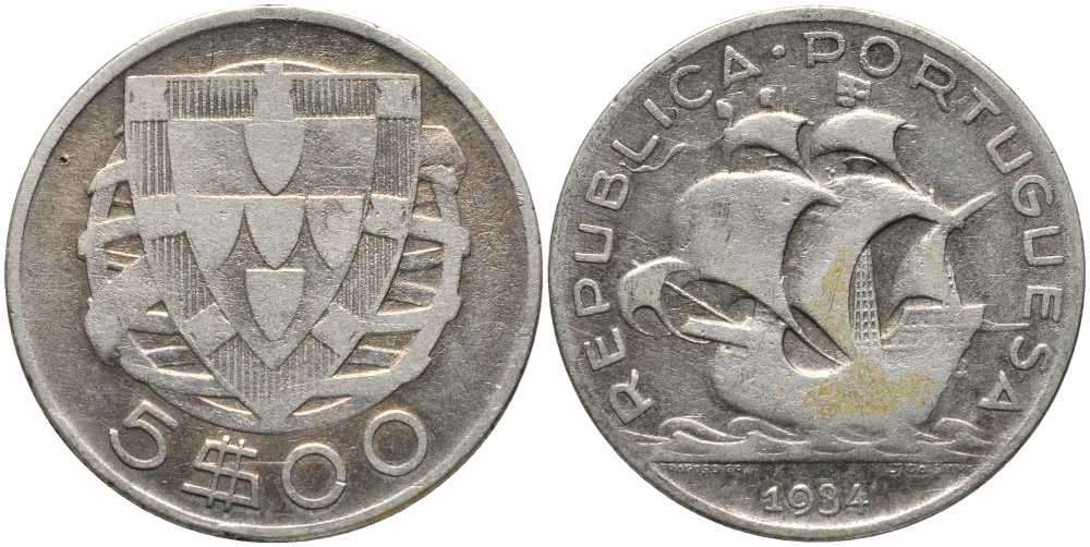 Португалия 5 эскудо 1934 КМ 581 серебро 202-415