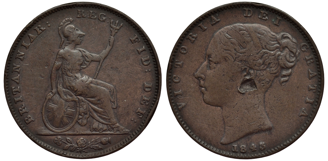 Великобритания 1 фартинг 1843 Виктория (1837-1901) KM 725, Spink 3950 медь 106-746