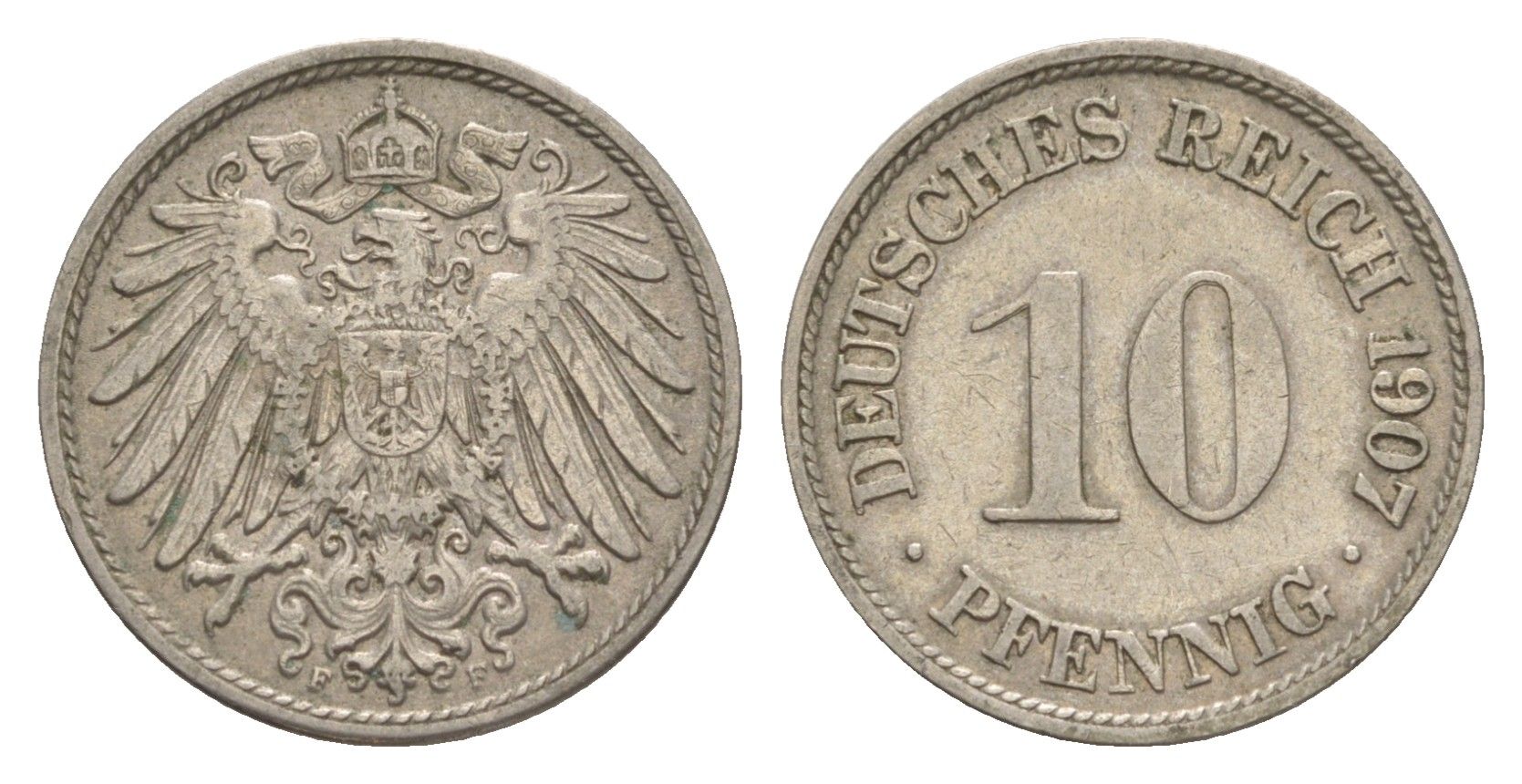 Германия 10 пфеннигов 1907 F, Вильгельм II (1888-1918) KM 12, J. 13 медно-никель 4640-311