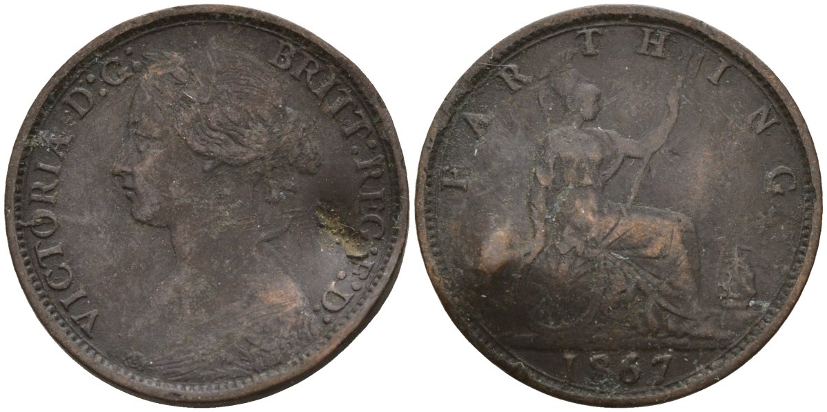 Великобритания 1 фартинг 1867 Виктория (1837-1901) KM 747.2, Spink 3958 бронза 4596-931