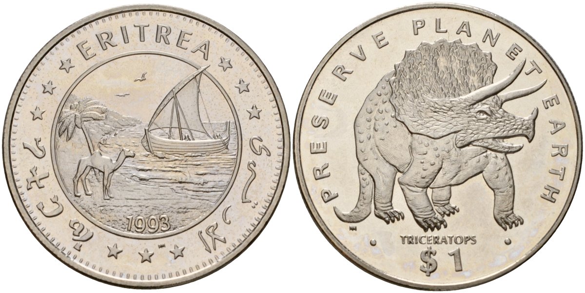 Эритрея 1 доллар 1993 берегите планету Земля, Трицератопс KM 10 медно-никель UNC 4125-832