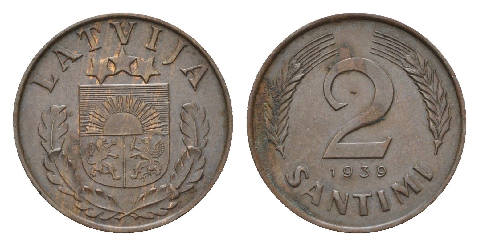 Латвия 2 сантима 1939 KM 11.2 бронза 4679-257
