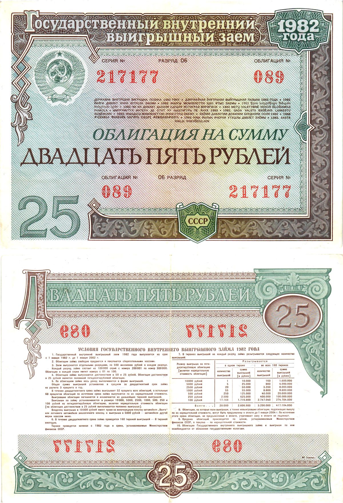 СССР облигация в 25 рублей 1982 государственный внутренний выигрышный заем, разряд 06   бумага   8609-51-1-2