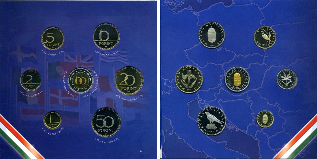 Венгрия государственный набор из 8 монет 2004 вступление Венгрии в Евросоюз, официальный выпуск, в оригинальном картонном буклете, тираж 7000 экз.    PROOF  00-000-00