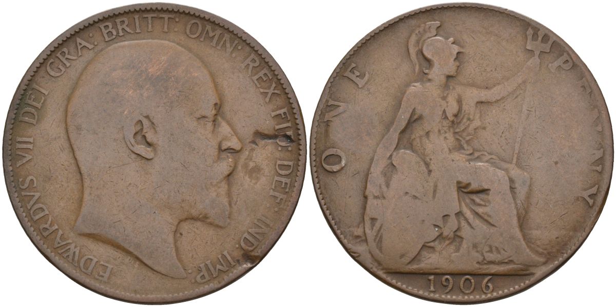 Великобритания 1 пенни 1906 Эдуард VII (1901-1910) KM 794.2, Sp 3990 бронза 4117-732