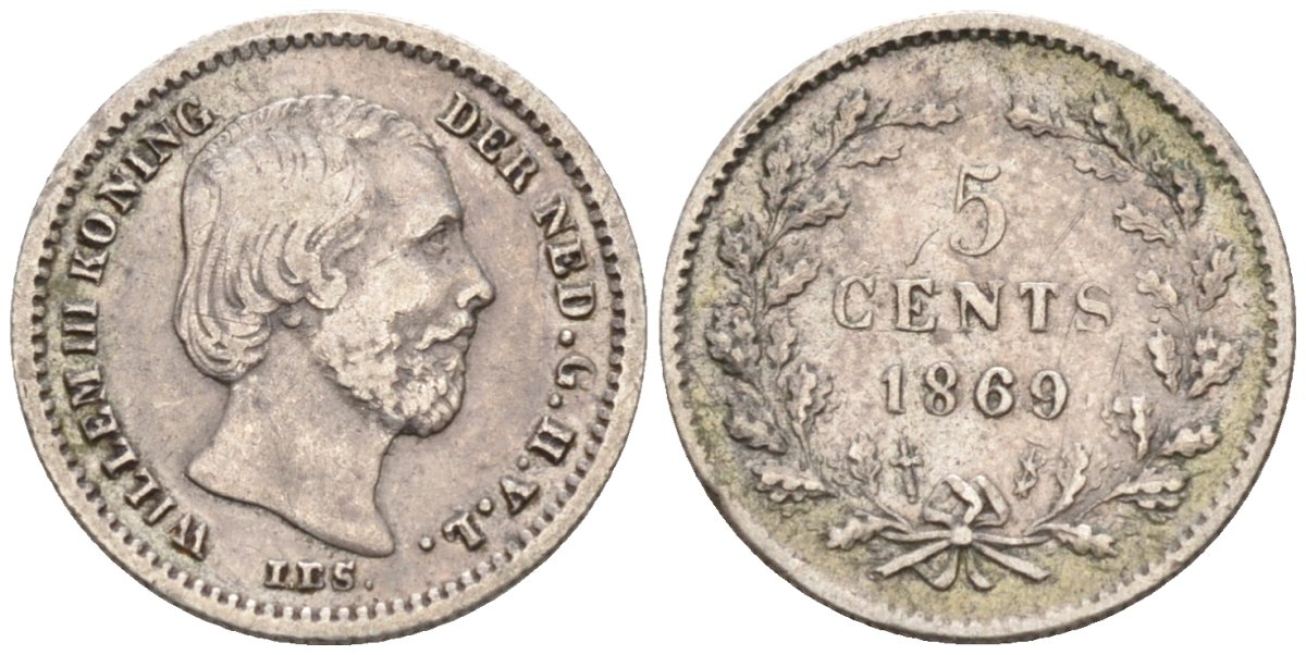 Нидерланды 5 центов 1869 Виллем III (1849-1890) KM 91 серебро     4576-825