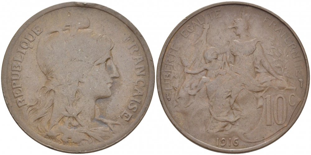 ФРАНЦИЯ 10 САНТИМОВ 1916 ТИП ДАНИЭЛЬ ДЮПЮИ KM 843, LA FRANC 136.27 бронза 4403-1122