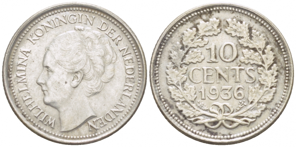 Нидерланды 10 центов 1936 Вильгельмина I (1890-1948) КМ 163 серебро UNC 214-744