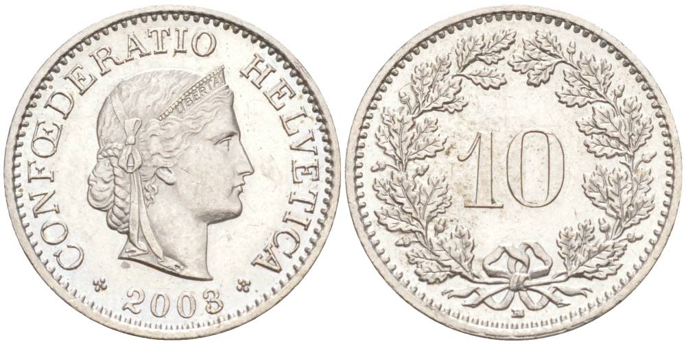 ШВЕЙЦАРИЯ 10 РАППЕНОВ 2003 В KM 27 медно-никель 55-552