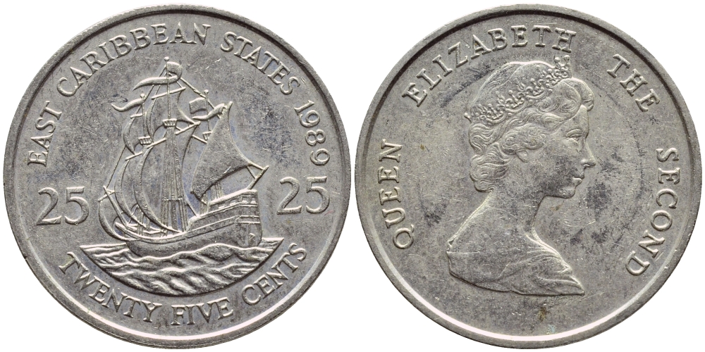 Восточно-Карибские штаты 25 центов 1989 Елизавета II (1952-2022), парусник KM 14 медно-никель 85-1116