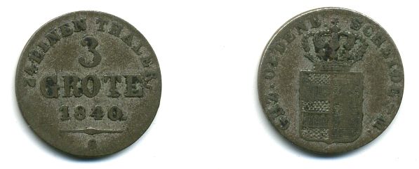 Ольденбург 3 гротена 1840 S, Павел Фридрих Август (1829-1853) KM 171 (C49) серебро 00-00