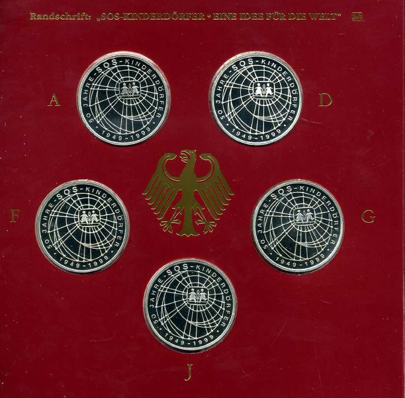 ФРГ набор из 5 штук по 10 марок 1999 A, D, F, G, J, 50 лет организации защиты детей серебро PROOF 6-5-2-4