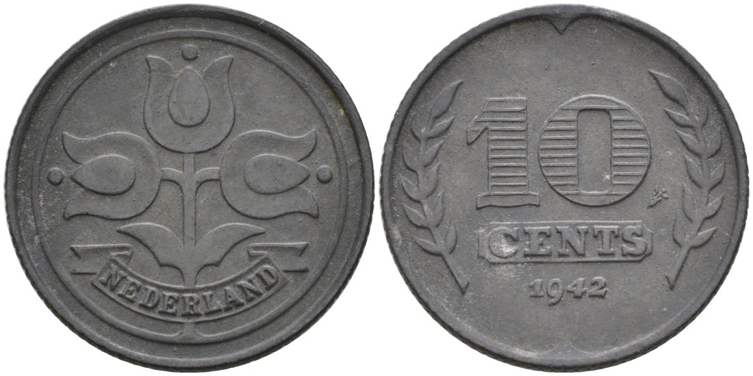 Нидерланды 10 центов 1942 Вильгельмина (1890-1948) KM 173 цинк 51-2615