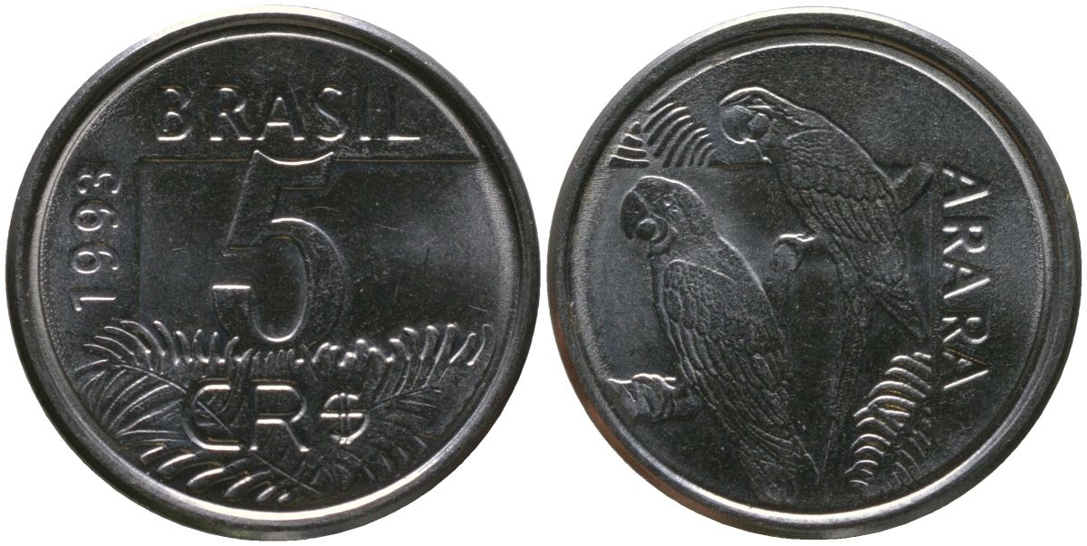 Бразилия 5 крузейро 1993 KM 627, Schon 136 нержавеющая сталь 4519-614