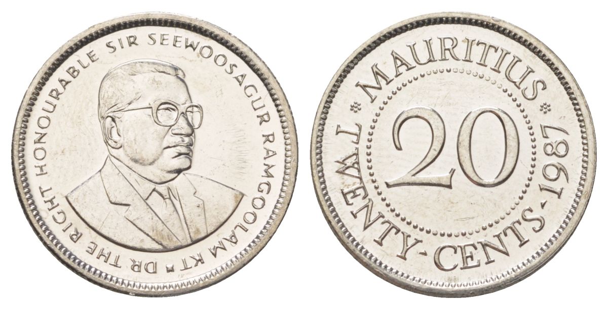 Маврикий 20 центов 1987 KM 53 сталь плакированная никелем UNC 4623-1231