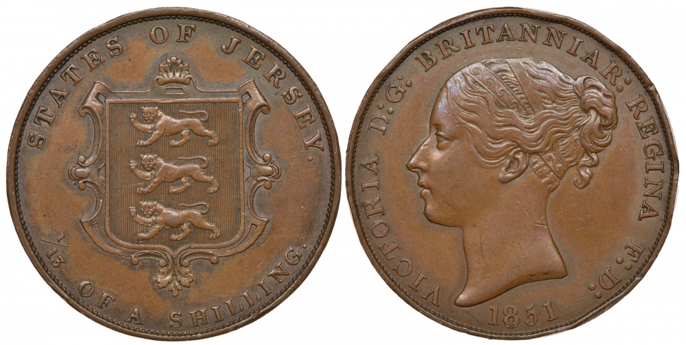 Джерси 1/13 шиллинга 1851 Виктория (1837-1901), большой формат KM 3 медь aUNC 00-806-03