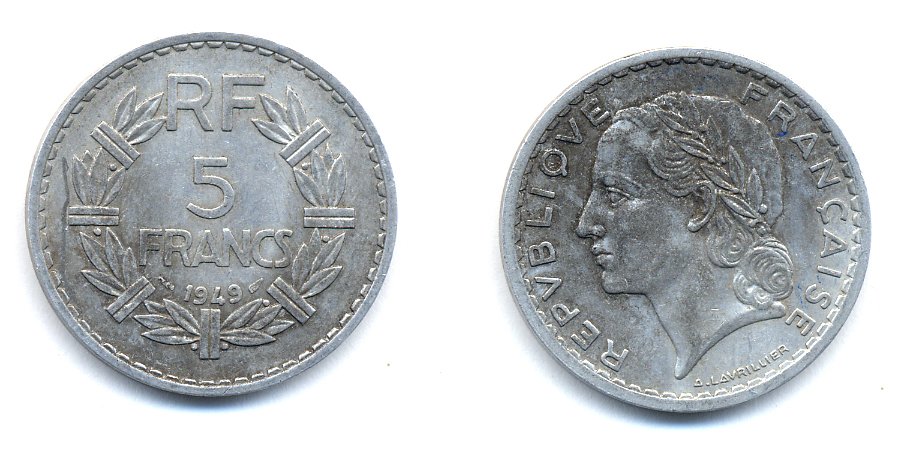Франция 5 франков 1949 тип Лаврийе KM 888b.1, LE FRANC 339.17 алюминий 4379-1224
