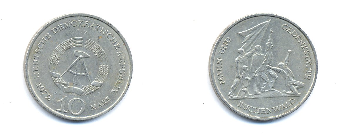 ГДР 10 марок 1972 A, мемориал Бухенвальда KM 38, J. 1539 медно-никель 3333-311