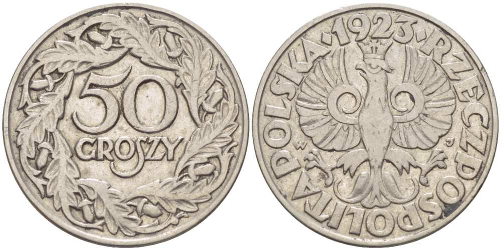 Польша 50 грошей 1923 Республика KM 13, Parchimowicz 106 никель 113-757