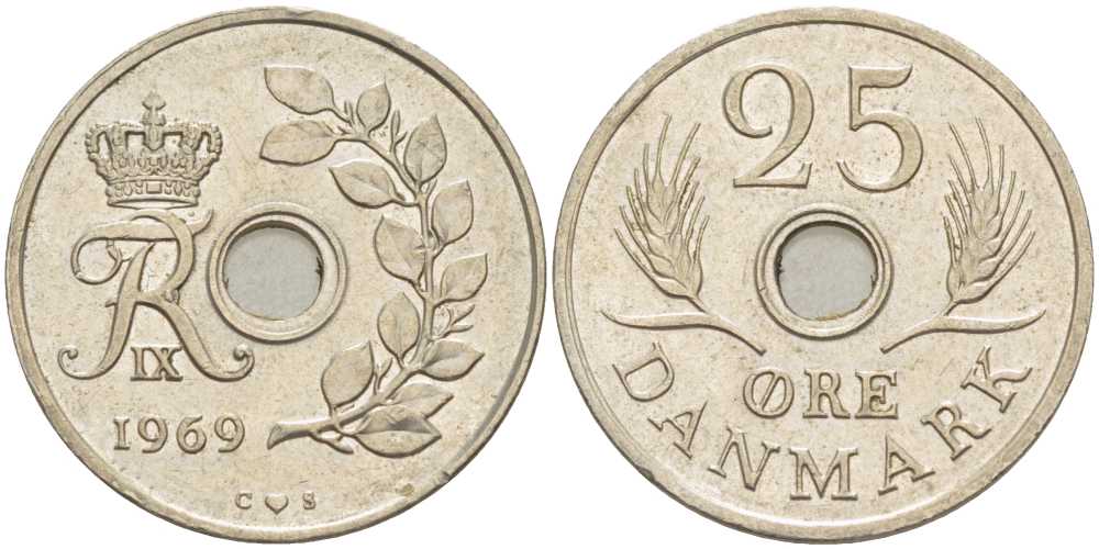 Дания 25 эре 1969 С;S, Фредерик IX (1947-1972) KM 855 медно-никель 94-345