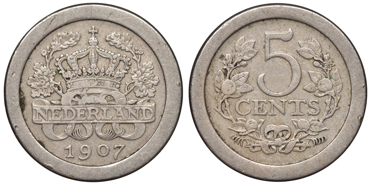 Нидерланды 5 центов 1907 Вильгельмина (1890-1948) KM 137 медно-никель    4115-437