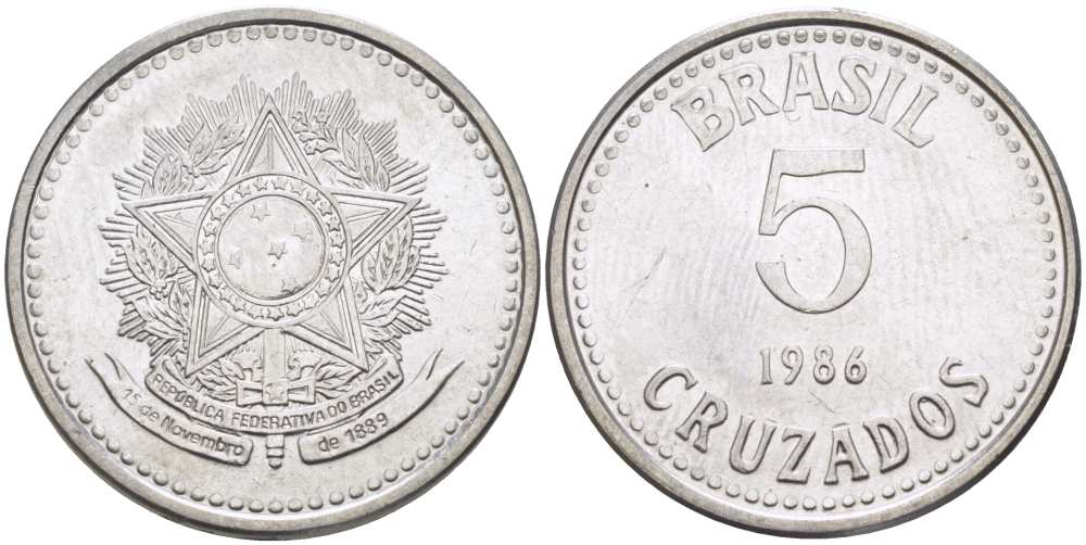 Бразилия 5 крузадо 1986 реформа (1986-1989) KM 606 нержавеющая сталь 28-856