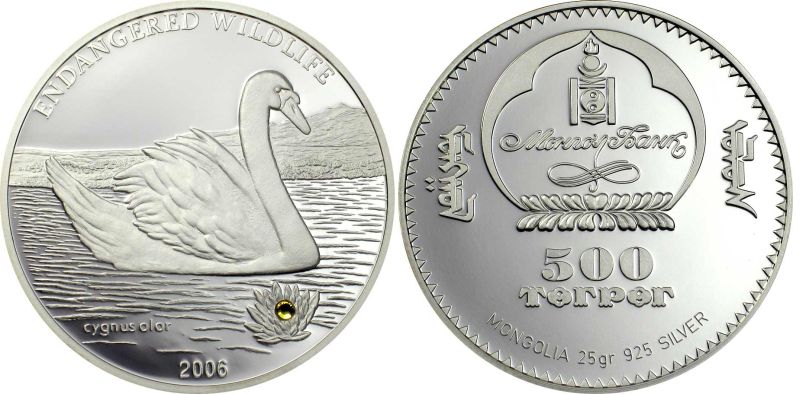 Монголия 500 тугриков 2006 лебедь, кристалы Сваровски KM 230 серебро PROOF Ш3