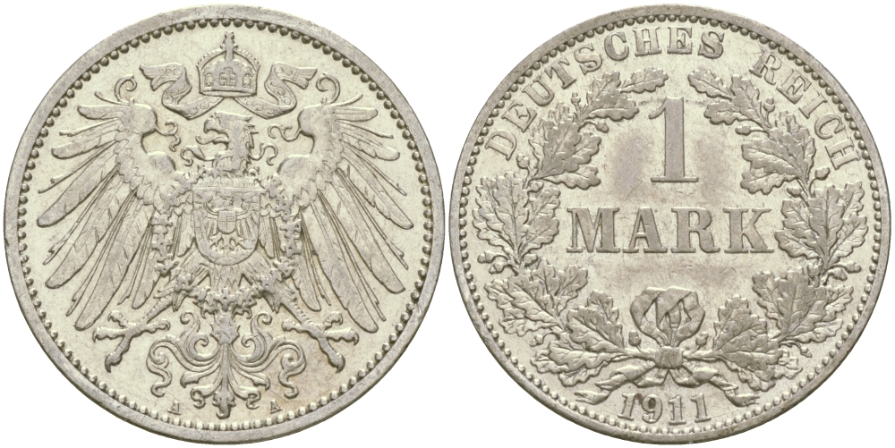 Германия 1 марка 1911 A Weege 18, J. 17, KM 14 серебро aUNC 65-237