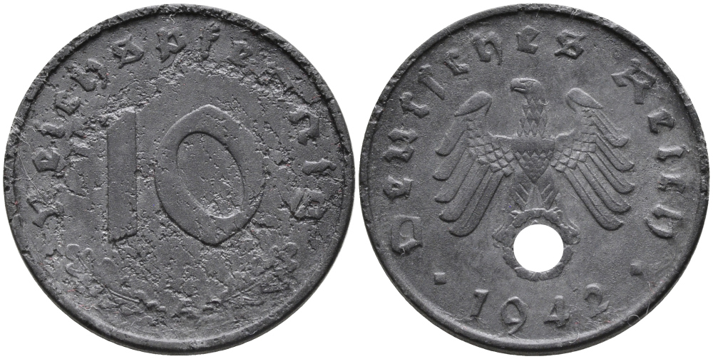 ГЕРМАНИЯ 10 РЕЙХСПФЕННИГОВ 1942 A KM 101, J.371 цинк 95-813