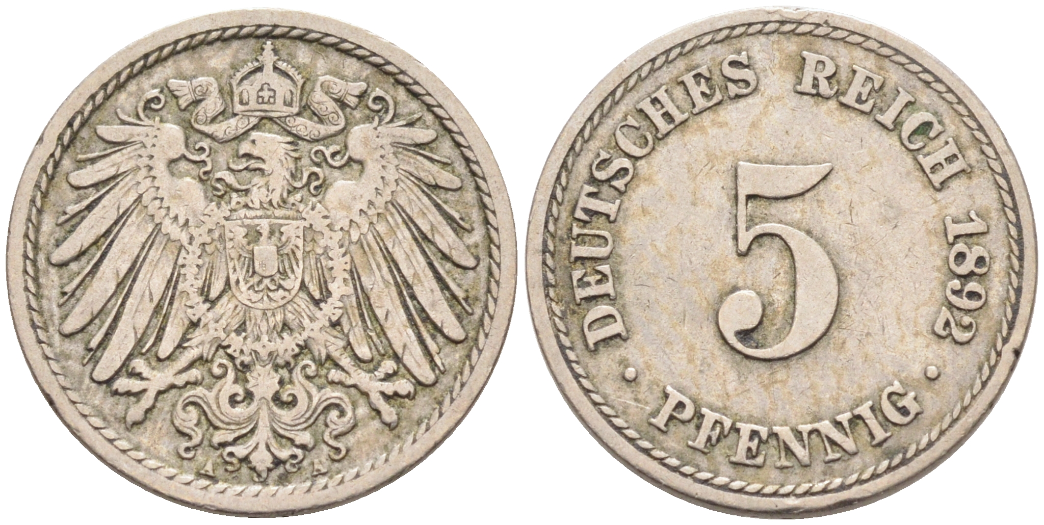 ГЕРМАНИЯ 5 ПФЕННИГОВ 1892 А, KM 11, J. 12 медно-никель 4588-338