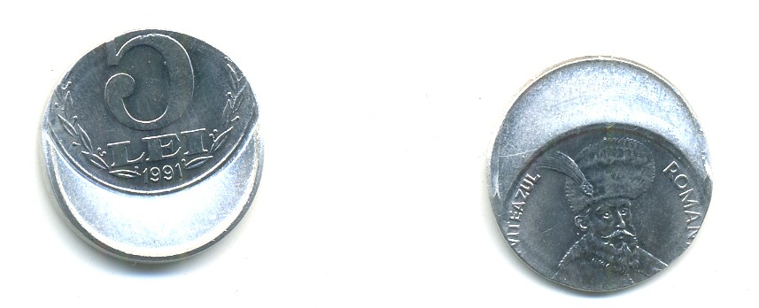 Румыния 5 лей 1991 технологический брак монетного двора KM 112 алюминий  UNC  441-323