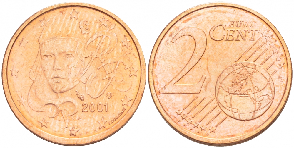 Франция 2 евроцента 2001 KM 1283 сталь плакированная медью UNC 4528-837