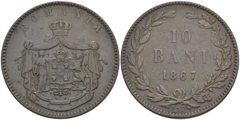 Румыния 10 бани 1867 монетный двор Watt&Co, Кароль I как принц (1866-1881) KM 4.2 медь 32-143