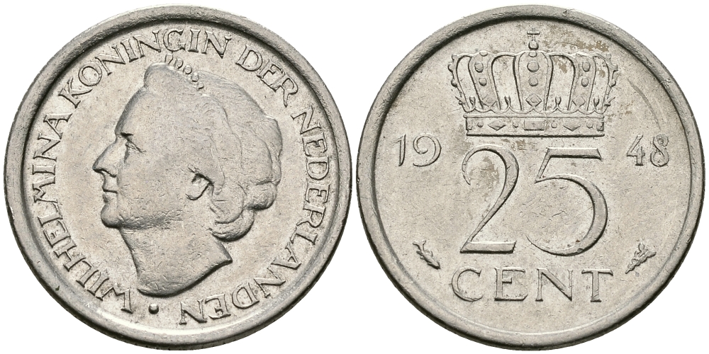 НИДЕРЛАНДЫ 25 ЦЕНТОВ 1948 ВИЛЬГЕЛЬМИНА KM 178 никель 46-2442