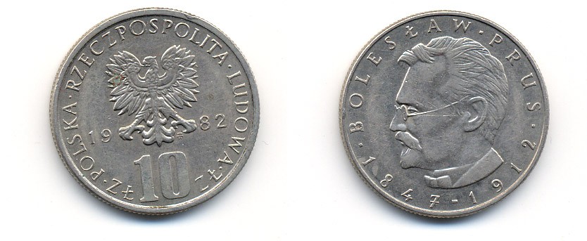 ПОЛЬША 10 ЗЛОТЫХ 1982 MW, БОЛЕСЛАВ ПРУС KM 73 медно-никель 23-1457