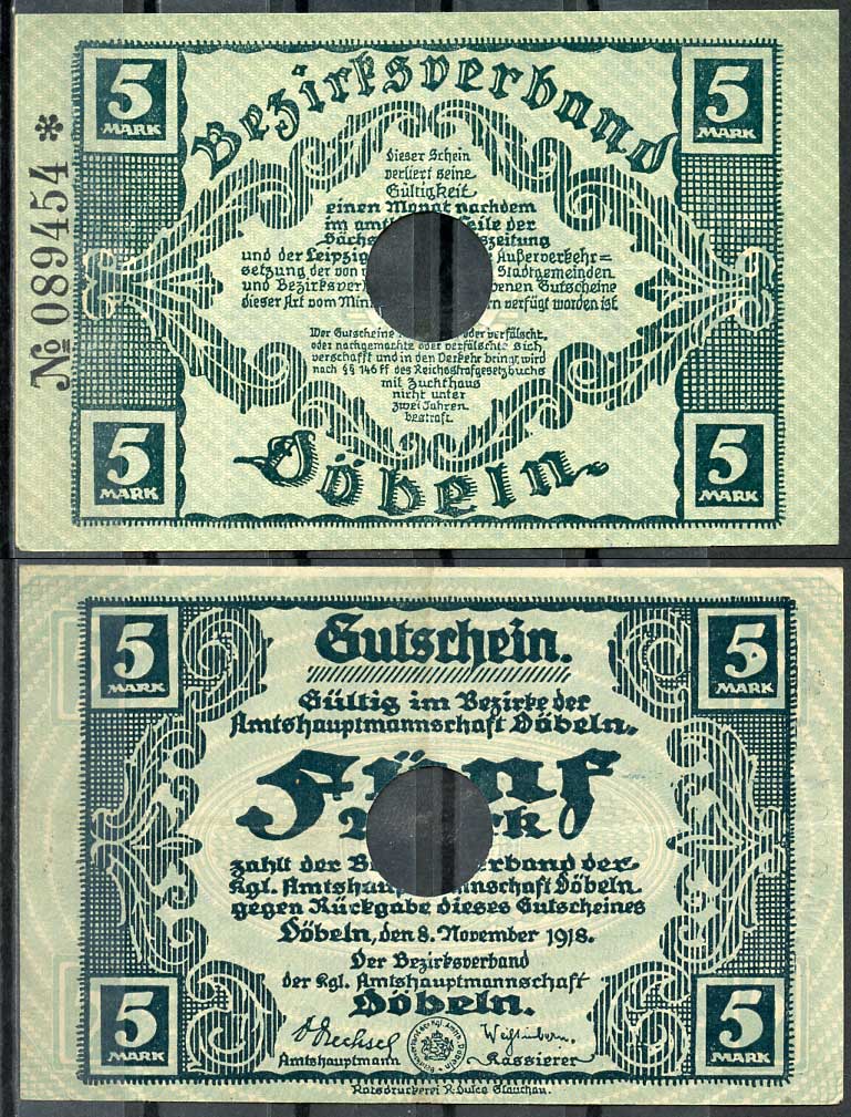 Германия, Дёбельн 5 марок 1918 нотгельд, 8.11.1918, цифры черные, крупные Geiger 105.01  бумага  UNC (пресс) 444-115-2-2