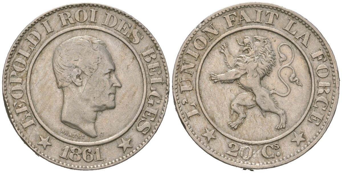 Бельгия 20 сантимов 1861 Леопольд I (1831-1865) KM 20 медно-никель 113-331