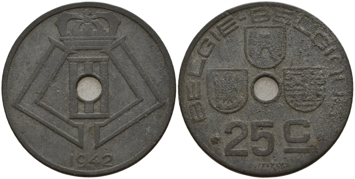 Бельгия 25 сантимов 1942 Belgie - Belgique, Леопольд III (1934-1947), германская оккупация, Вторая мировая война KM 132 цинк 4157-526