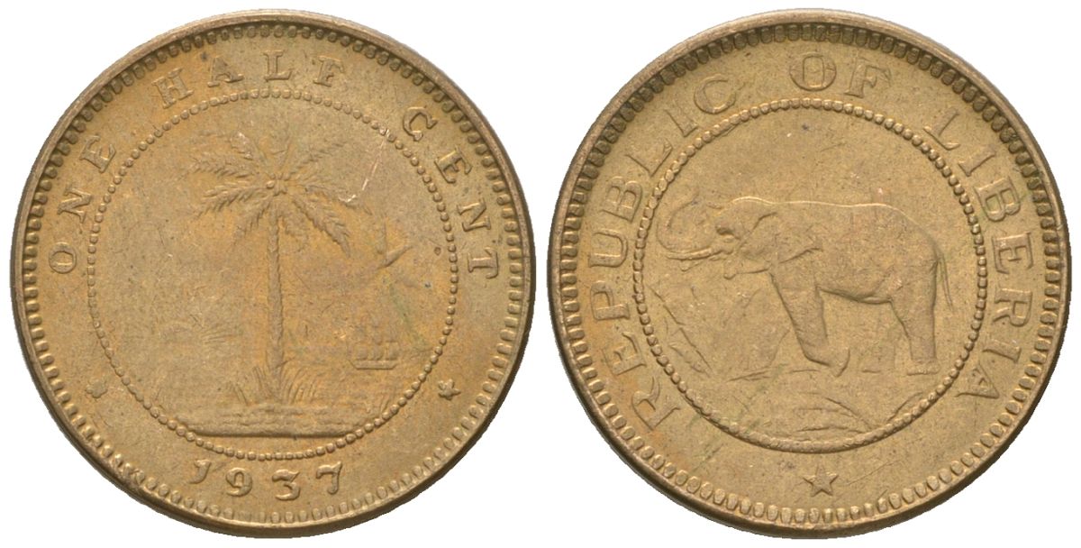 Либерия 1/2 цента 1937 KM 10 латунь aUNC 4588-1051