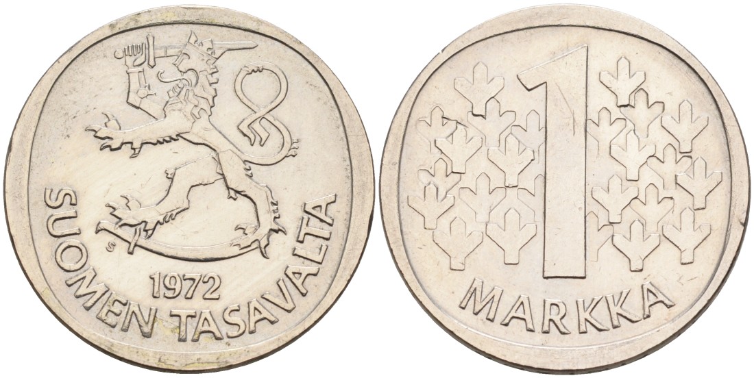 ФИНЛЯНДИЯ 1 МАРКА 1972 S KM 49a медно-никель 4563-514